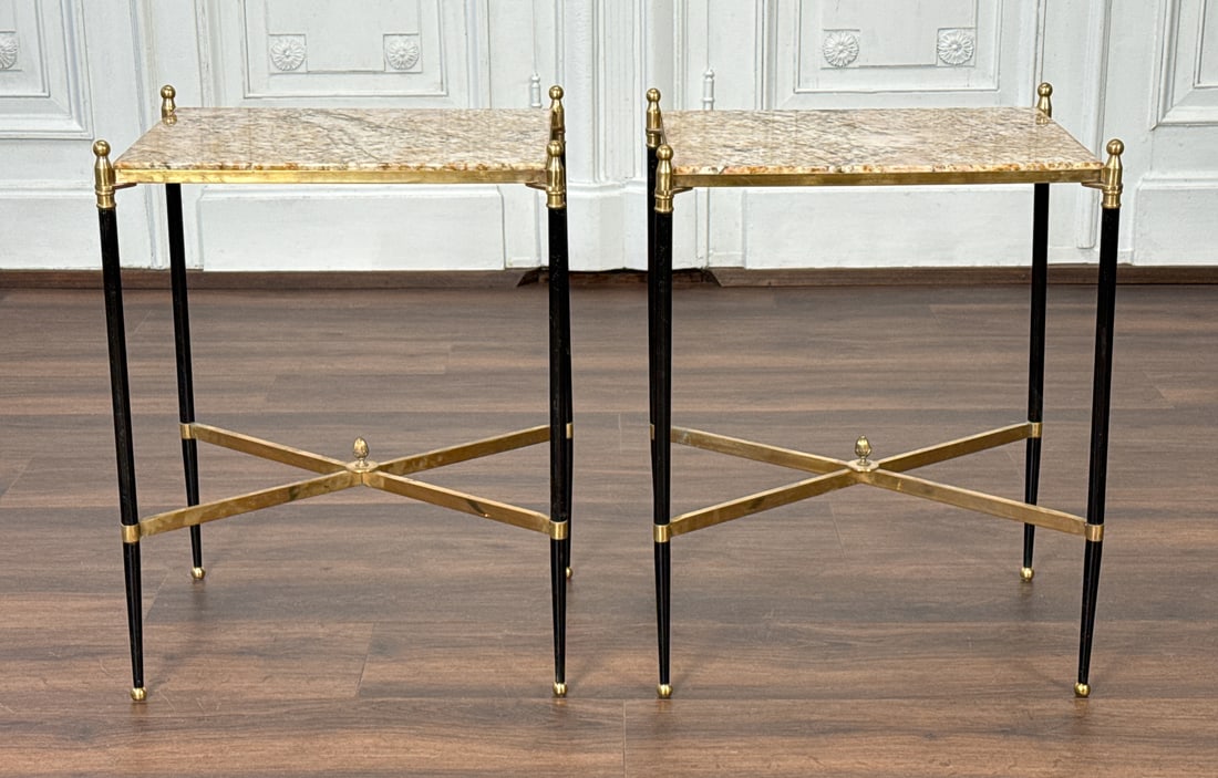 Pair French Jansen Style Tables: Pair French Directoire Style Tables, In The Manner Of Jansen, Granite Tops With Steel And Brass Frames, Height 26, Width 19 3/4, Depth 16 Inches Including Finials, Review All Photos For Additional