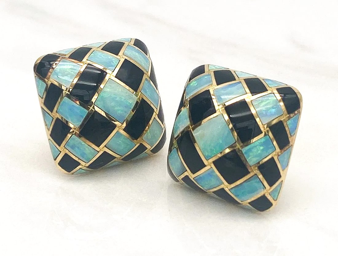 Tiffany & Co. Opal And Onyx 18k Earrings: Tiffany & Co., Opal And Onyx Inlay, 18k Yellow Gold, French Clip/Post, Approximately .85 X .85. 26.5 Grams Total Weight. Marked Tiffany & Co 750, Includes Tiffany Box. Note: All Jewelry, Coin & Silver