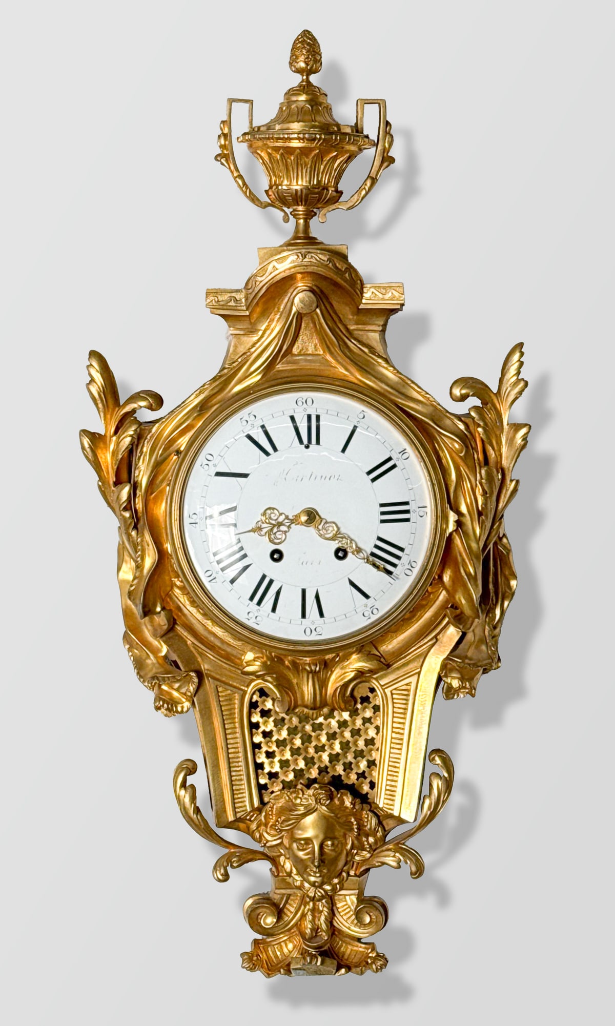 Fine Japy Freres Louis XVI Style Gilt Bronze Cartel Clock: Fine Louis XVI Style Gilt Bronze Cartel Clock, French, Late 19th Century, Urn Finial And Masque Pendant, Enamel Dial Marked Paris, Clockworks Stamped CR And Japy Freres et Cie, , Height 33, Width 15,