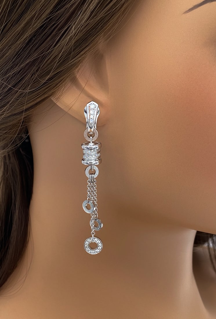 Bulgari B.zero1 Diamond & 18k White Gold Earrings: Bulgari B.zero1 Diamond & 18k White Gold Earrings, Approximately 0.85ctw Natural Brilliant Round Diamonds Set In 18k White Gold. Posts For Pierced Ears, Length 2.75 Inches, Weight 20.1 Grams. Wire