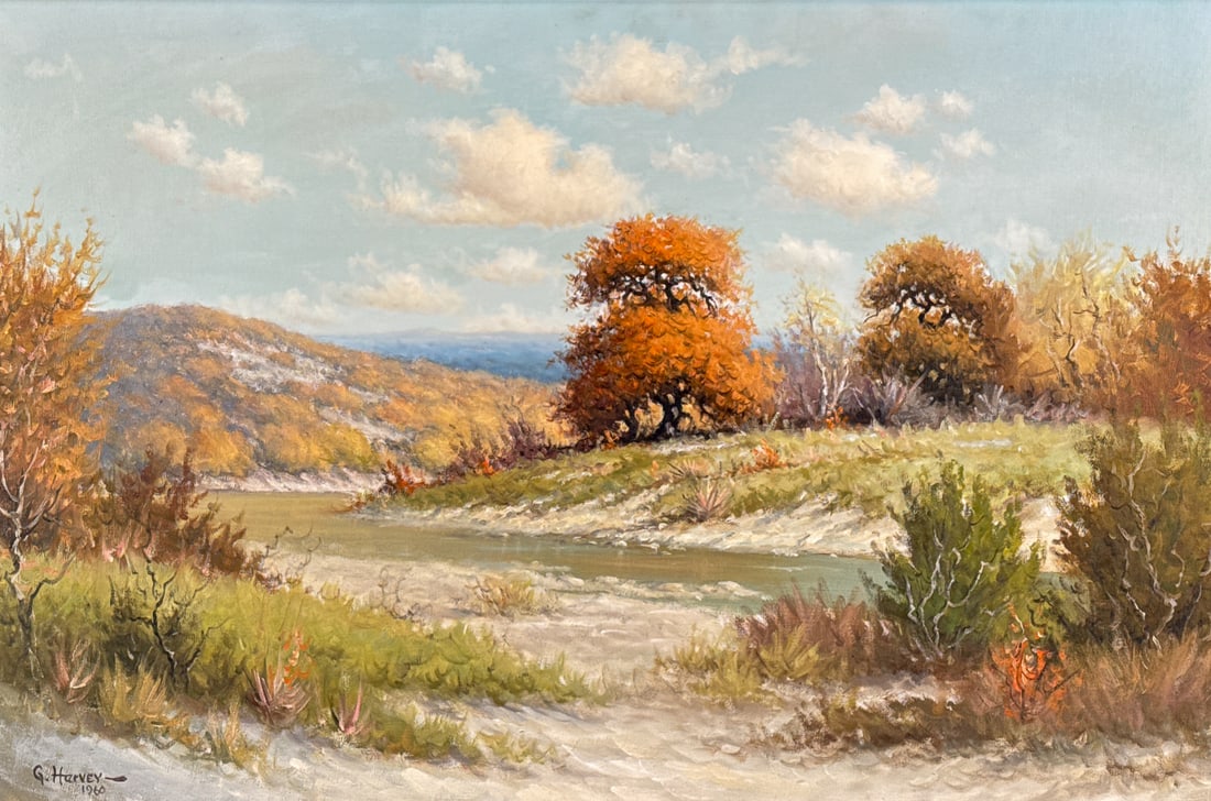 Gerald Harvey Jones, American/Texas, 1933-2017: Gerald Harvey Jones, American/Texas, 1933-2017, Changing Seasons, Fall River Landscape, Cool, Muted Tones, Signed G Harvey 1960 Lower Left, Inscribed And Signed Verso, Oil On Canvas, Sight Height 23