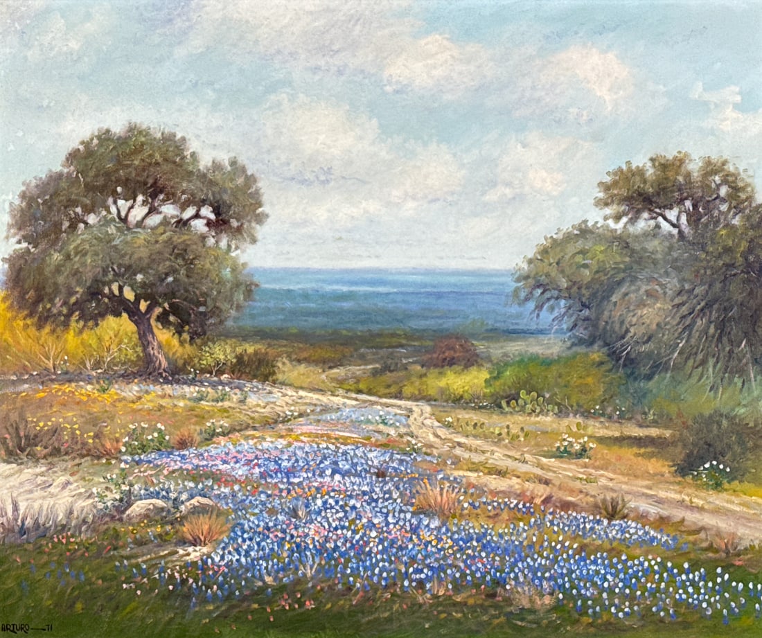 Arturo Mercado, American, Texas, 1938-2015: Arturo Mercado, American, Texas, 1938-2015, Oil On Canvas, Large Texas Landscape With Bluebonnets, 1971, Signed Lower Left, 30 X 36 Inches, Painted Wood Frame, 39 X 44 X 2 Inches, Paint Surface Clean