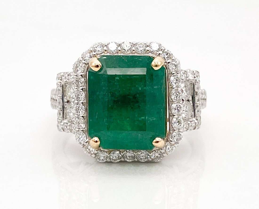 GIA Gem Quality Emerald & Natural Diamond Ring: GIA Gem Quality Emerald & Natural Diamond Ring, 4.97ctw Emerald Surrounded By 0.92ctw F-G, Vs2-Si1 Natural Diamonds, Platinum Setting With 18k Yellow Gold Prongs, Size 7, Total Weight 8.4 Grams. Wire
