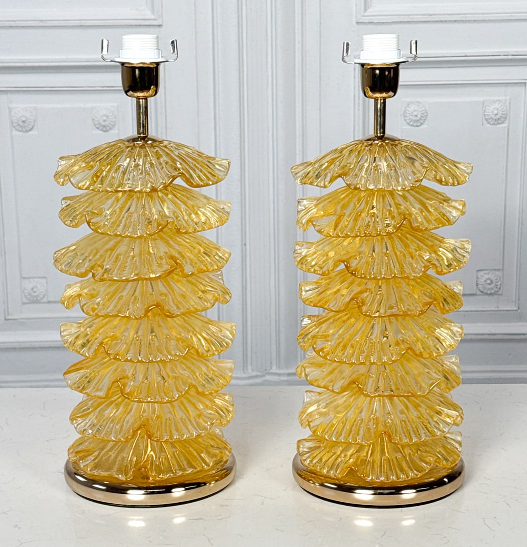 Pair Murano Glass Gold Ruffle Lamps: Pair Murano Glass Gold Ruffle Lamps, Italian, Yellow Or Pale Gold Glass Tiers, Brass Bases, Height 20.5, Depth 7.5 Inches, Electrification Present