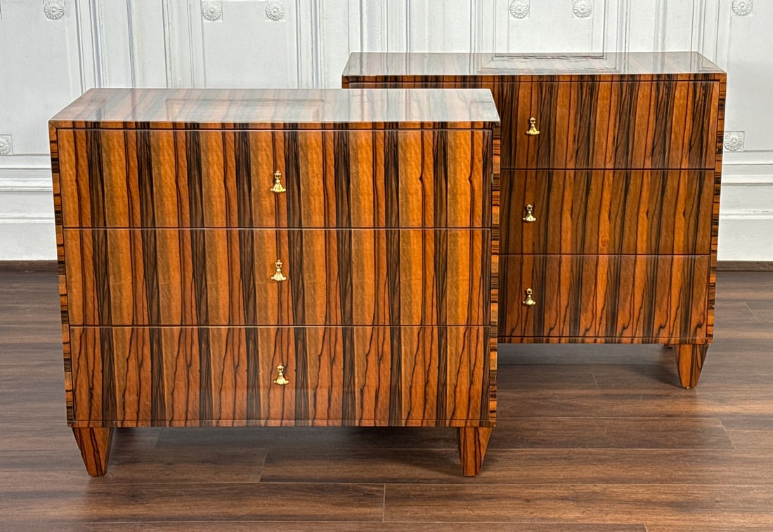 Pair Macassar Exotic Wood Commode Chests: Pair Macassar Exotic Wood Commode Chests, Probably Italian, Each With Three Drawers With Brass Pulls, Height 36 3/4, Width 41 3/4, Depth 19 3/4 Inches, Attractive Finish, See Photos For Loss At