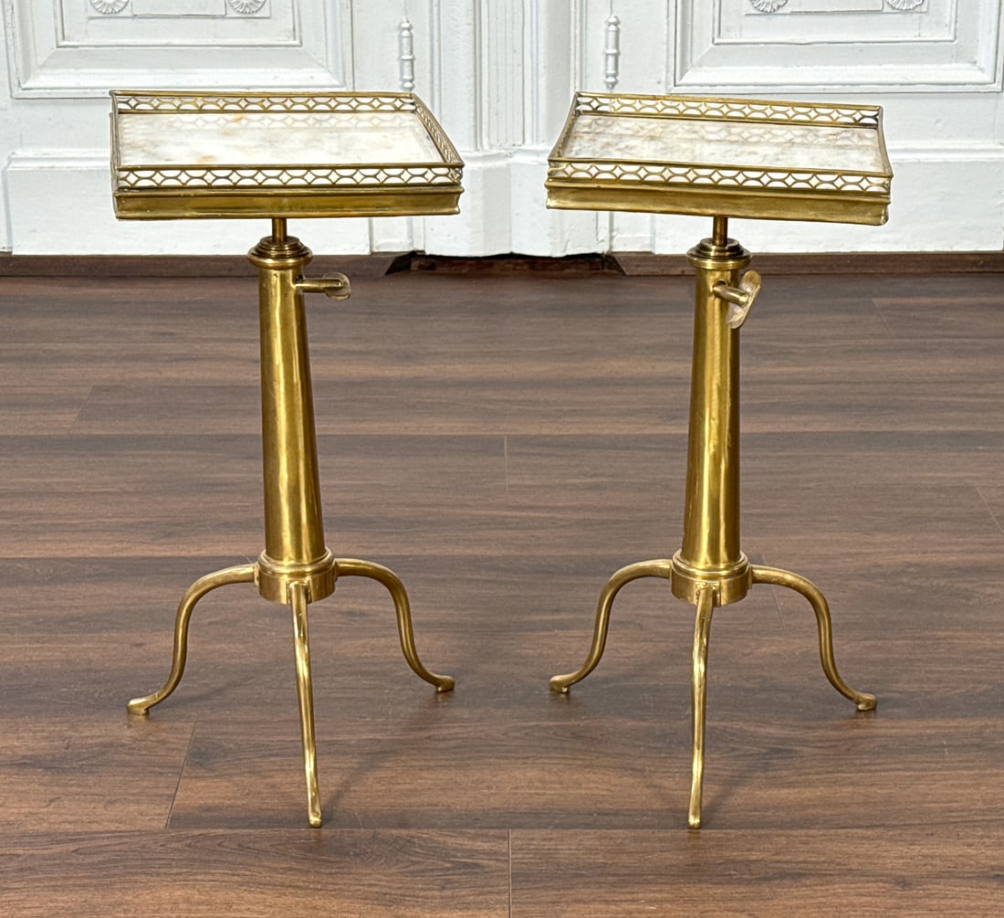 Pair Brass And Carrara Marble Drink Tables: Pair Brass And Carrara Marble Drink Tables, Likely Italian, Carrara Marble Inset In Brass Galleried Tops, Height 24, Width 11.5, Depth 11.5 Inches, Review All Photos For Additional Condition