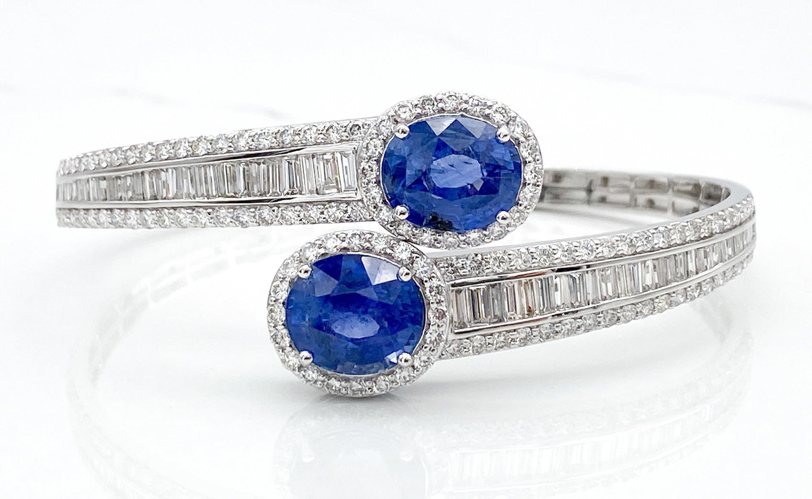GIA Sapphire & Natural Diamond Platinum Bracelet: GIA Sapphire & Natural Diamond Platinum Bracelet, 12.68ctw Sapphires And 5.17ctw Round And Baguette Diamonds Of F-G Color, Vs1-Vs2 Clarity, Platinum Setting, Length 7 Inches, 31.2 Grams Total Weight,