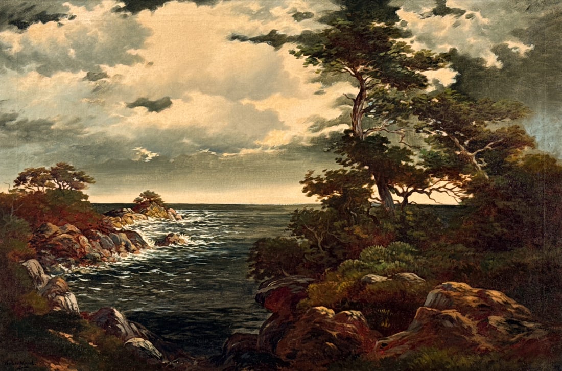 Robert William Wood, American/CA, 1889-1979: Robert William Wood, American/California, 1889-1979, California Coast, Monterey Bay, Oil On Canvas, Height 24 X Width 36 Inches, Signed Lower Left: Robt. Wood, Signed And Titled On The Stretcher: