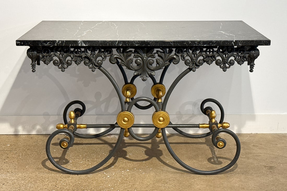 Bronze & Steel Baker's Table With Marble Top: Bronze & Steel Baker's Table With Marble Top, Likely French, Gilt Bronze Accented Steel Base And Grey Marble Top, Height 30.5, Width 51, Depth 30 1/8 Inches, Review All Photos For Additional