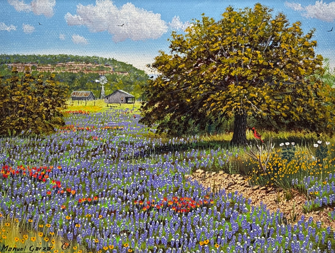 Manuel Garza, American/Texas Born 1940: Manuel Garza, American/Texas Born 1940, Bluebonnet Landscape, Hill Country Homestead In The Distance, Signature Cardinal Center Right, Signed Lower Left And Verso, Oil On Canvas, Sight 5 1/2 Inches Hi