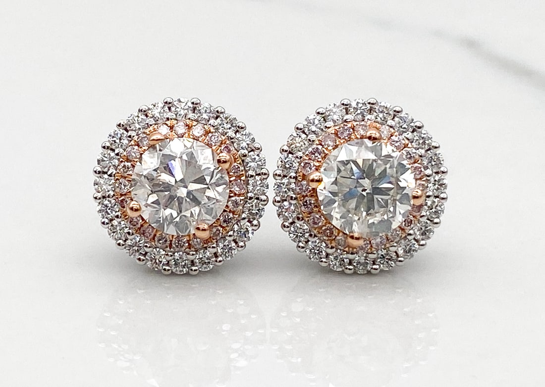 Natural Diamond & 18k White & Rose Gold Earrings: Natural Diamond & 18k White & Rose Gold Earrings, Two Natural Round Brilliant Cut Diamonds (3.01ctw) I Color And I1 Clarity, Surrounded By Natural Light Pink And F-G Diamonds (0.32/0.56ctw) Set In 18k