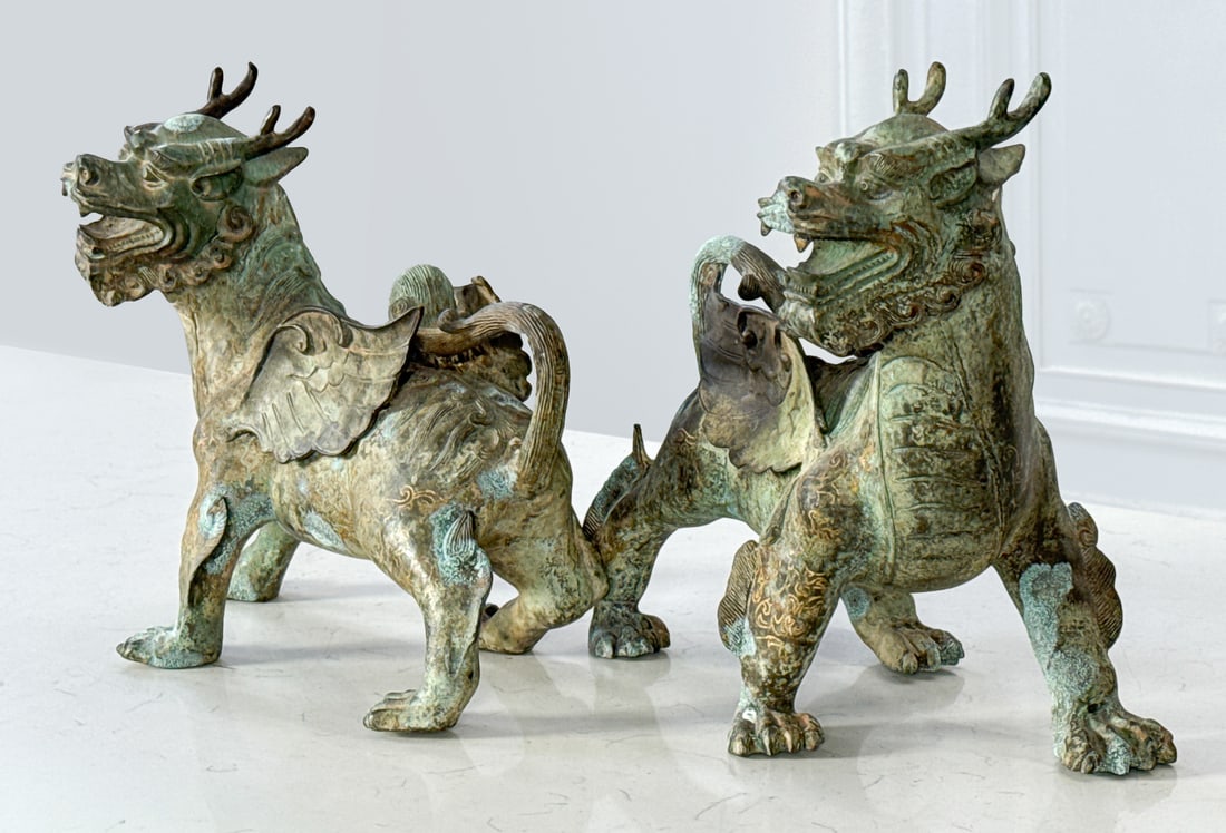 Pair Chinese Bronze Qilin Pixiu Guardian Figures (1 of 9)