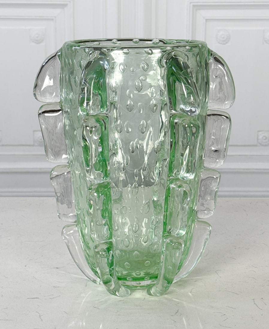 Barovier & Toso Segmentati 17615 Glass Vase: Barovier & Toso Segmentati 17615 Glass Vase, Italian, Circa 1991 After 1942 Design By Ercole Barovier, Tapering Form With Vertical Ribs In Clear Green Tint Glass With Internal Bubbles, Engraved Barovi