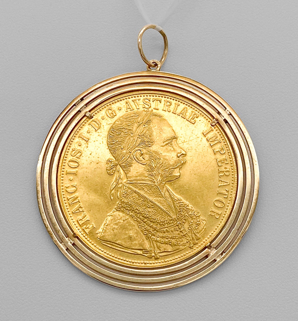 24k Yellow Gold Austrian 4 Ducat Coin Pendant: 24k Yellow Gold Austrian 4 Ducat Coin Pendant, 24k Yellow Gold With 14k Yellow Gold Bezel, 20.9 Grams Total Weight, 2 1/4 Inch Diameter (Including Bale. Wire Transfer Or Zelle Required For All Jewelry