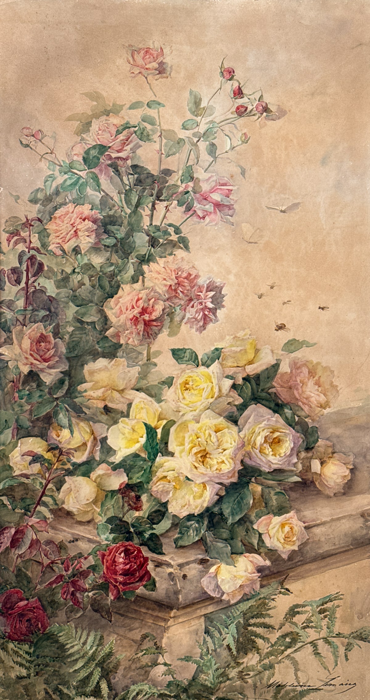 Madeleine Lemarie, French, 1845-1928: Madeleine Lemarie, French, 1845-1928, Large Still Life Floral, Behind Glass, Later Gilt Frame, Signed Lower Right. Watercolor, Sight Height 46.5 Inches, Width 25 Inches; Framed Height 58.5 Inches, Wid