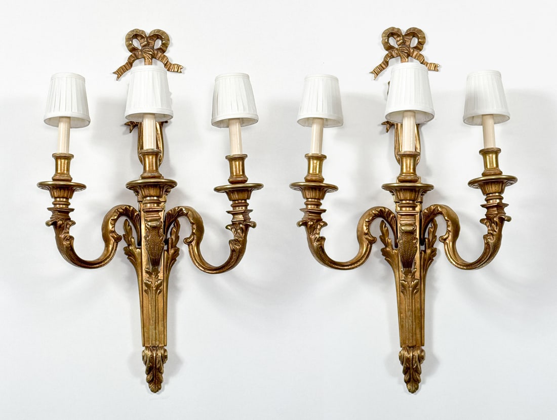 Pair French Louis XVI Style Bronze 3-Arm Sconces: Pair French Louis XVI Style Bronze 3-Arm Sconces, 19th-20th Century, 29 1/2 Inches High By 17 1/2 Inches Wide By 10 Inches Deep, Electrification Present