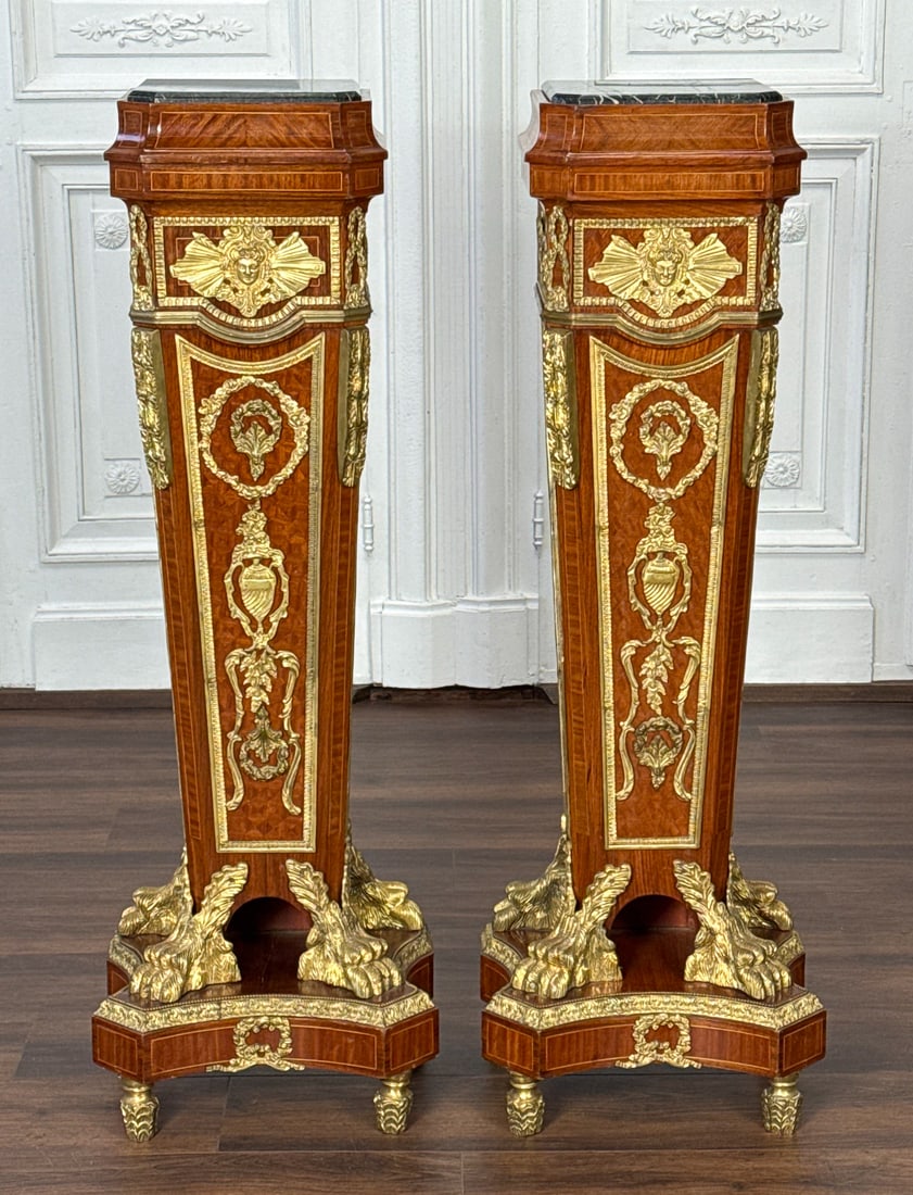 Pair French Empire Style Gilt Bronze Pedestals: Pair French Empire Style Gilt Bronze Pedestals, Marquetry And Inlaid Panels With Bronze Mounts, Verde Marble Tops On Quadruped Bases, Large Paw Feet, Height 53 Inches, Base Width 18 Inches, Depth 13 I