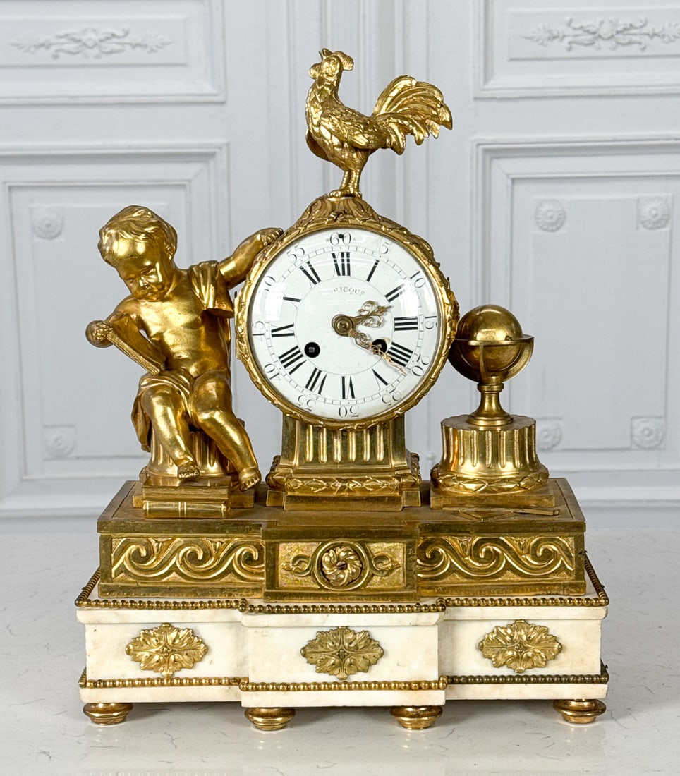 Louis XVI Style Gilt Bronze Mantel Clock: Louis XVI Style Gilt Bronze Mantel Clock, French, 19th Century, Works Marked Garrard & Vicn, Paris, Dial Marked, Putto With Book, Globe And Crowing Cock, Carrara Marble Base, Height 17, Width 14, Dept
