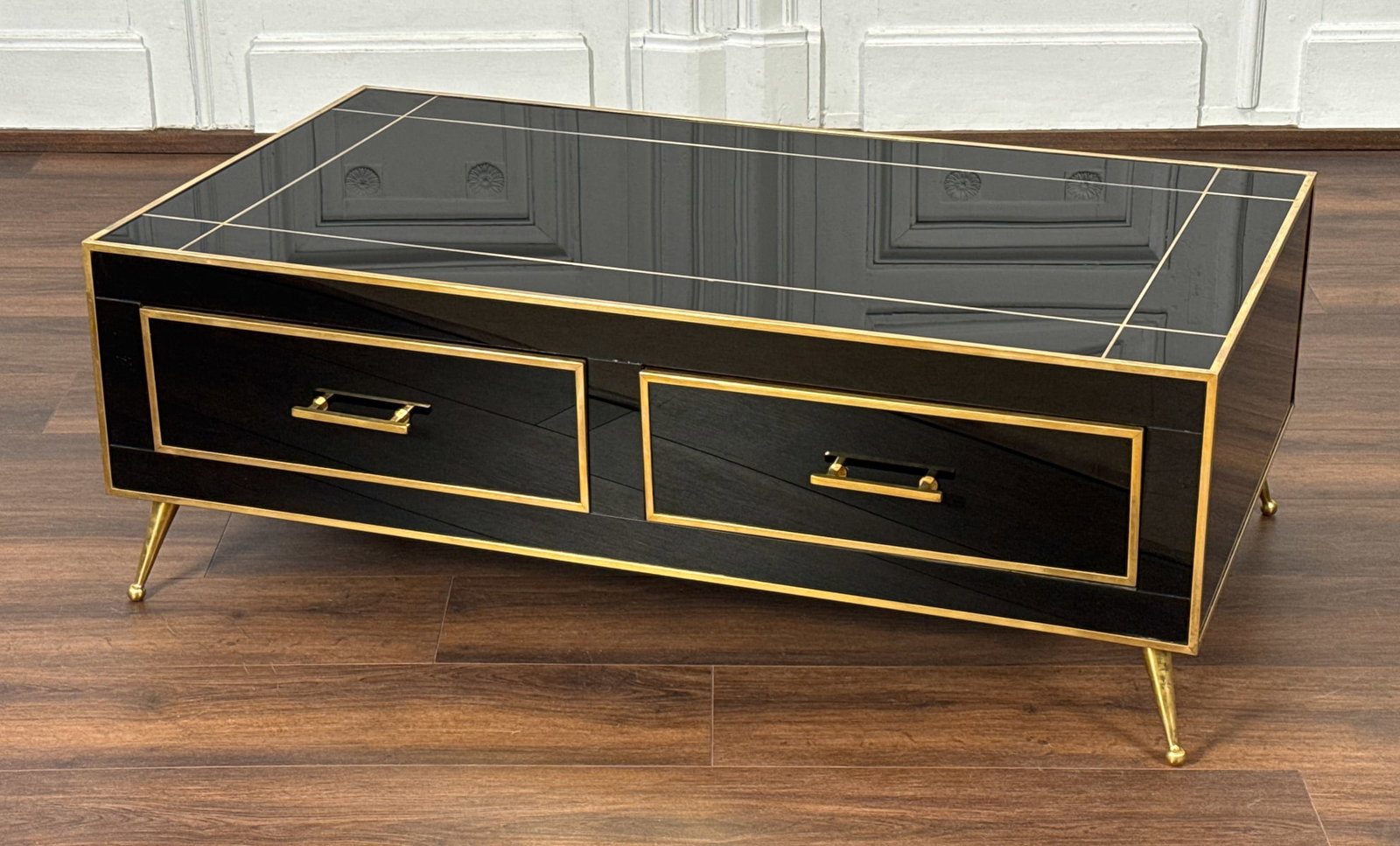 Italian Glass And Brass Coffee Table: Italian Black Glass And Brass Hardware And Accents, Drawered On Two Sides, Height 18, Width 50, Depth 28, Inches, One Drawer With Cracked Glass At Corner, Review All Photos For Additional Condition