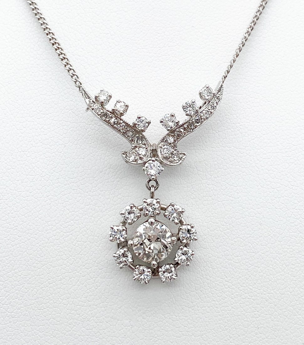 Art Deco Diamond & 14k White Gold Necklace: Art Deco Natural Diamond & 14k White Gold Necklace, Approximately 3.10ctw Natural Diamonds, The Center Stone A Natural Round Diamond Approximately 1.25ctw M-O, Si-I, And Approximately 1.4ctw J-l, Si S
