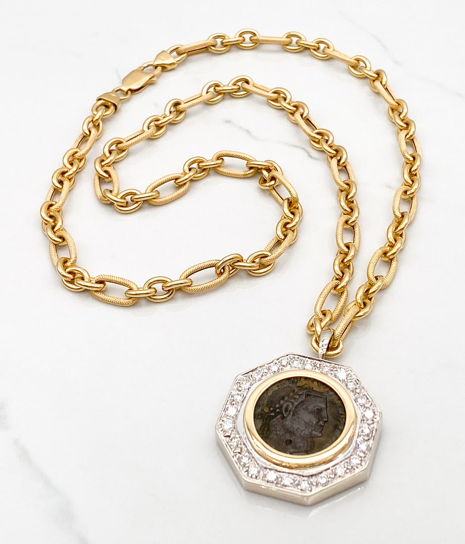Roman Coin And 14k Yellow Gold Necklace: Roman Coin And 14k Yellow Gold Necklace, Approximately 1.9ctw Diamonds Of L-M-N Color Surrounding Old Roman Coin Set In 14k Yellow Gold, Length 24 Inches, 41.7grams. Wire Transfer Or Zelle Required Fo
