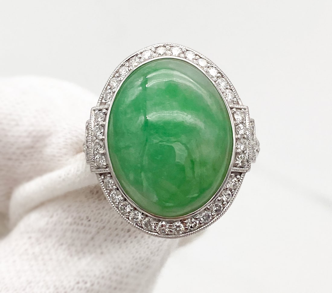 GIA Rare Fei Cui Jade Platinum Ring: GIA Rare Fei Cui Jade Platinum Ring, 13.93ctw Jadeite Jade Center Stone Surrounded By 0.59ctw F-G, Vs1-Si1 Natural Diamonds, Size 7.5, Total Weight 9.6 Grams. Wire Transfer Or Zelle Required For All