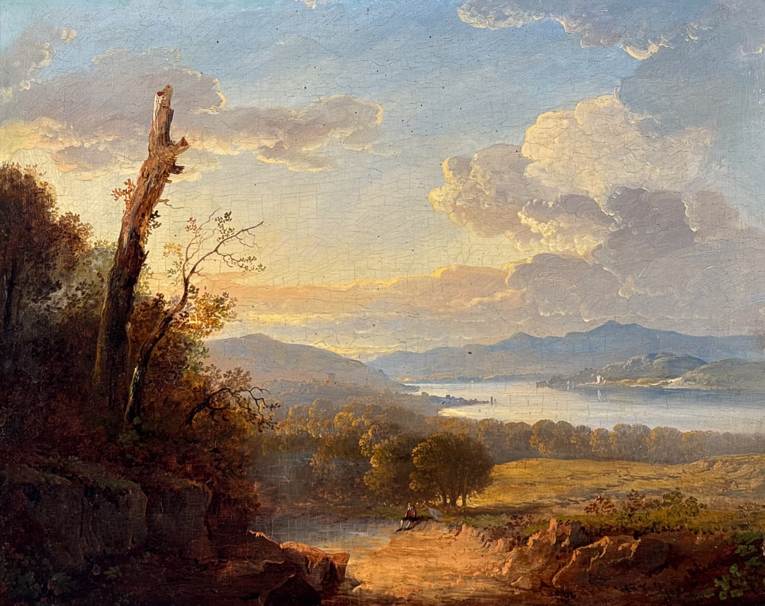 Patrick Nasmyth, United Kingdom, 1787-1831: Patrick Nasmyth, United Kingdom, 1787-1831, Oil On Wood Panel, Scottish Landscape With Figure Near Stream In Front Of A Loch, Sight Height 16, Width 19; Framed Height 23, Width 27, Depth 2 Inches, 19t