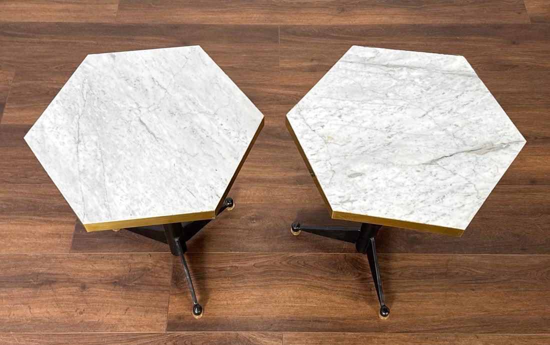 Pair Hexagonal Carrara Drink Tables - 2