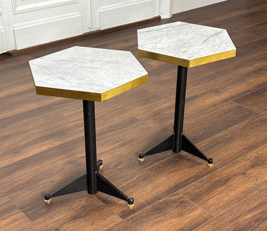 Pair Hexagonal Carrara Drink Tables - 3