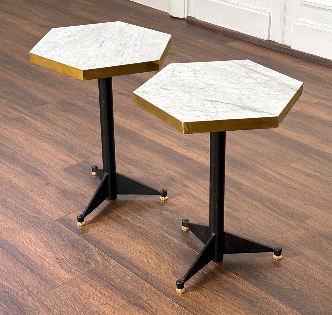 Pair Hexagonal Carrara Drink Tables - 4