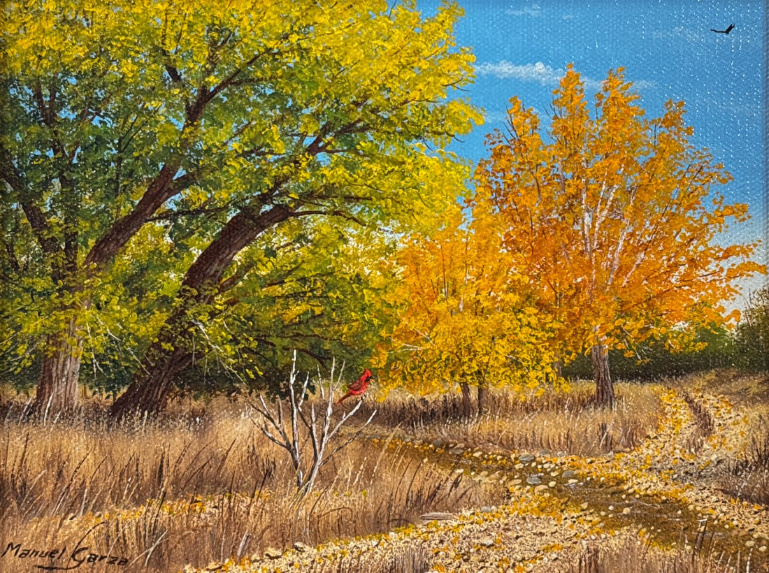 Manuel Garza, American/Texas Born 1940: Manuel Garza, American/Texas Born 1940, Fall Landscape With Signature Cardinal Center, Signed Lower Left And Verso, Oil On Canvas, Sight Height 5 1/2 Inches, Width 7 1/2 Inches, Framed Dimensions