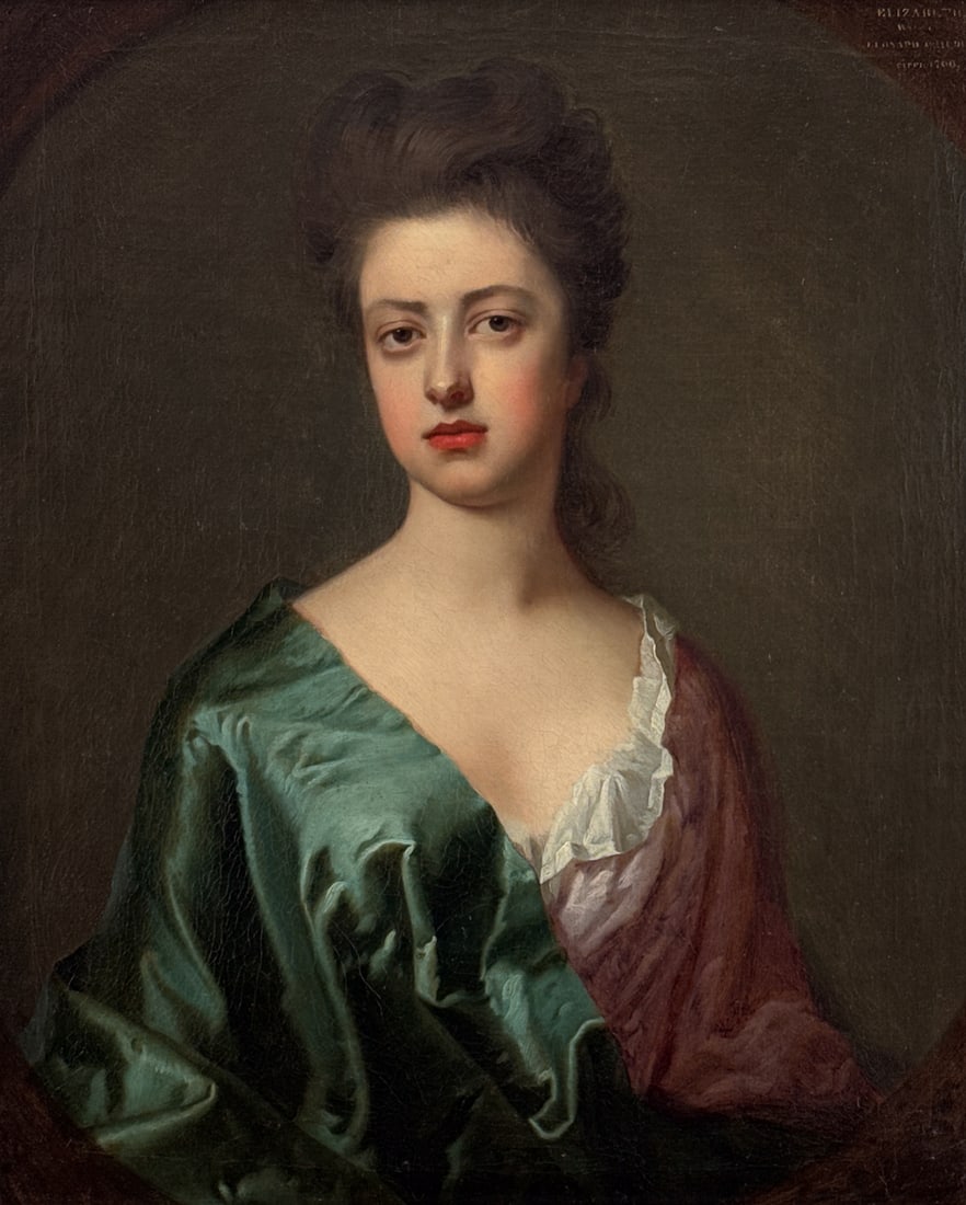 Circle of Sir Godfrey Kneller, English, 1746-1723: Circle of Sir Godfrey Kneller, English, 1746-1723, Portrait Of A Lady In Iife Size Half Pose In Oval, Oil On Canvas, Identified Elizabeth, [Wife Howard] Circa 1700 Upper Right, Label Richard Roche