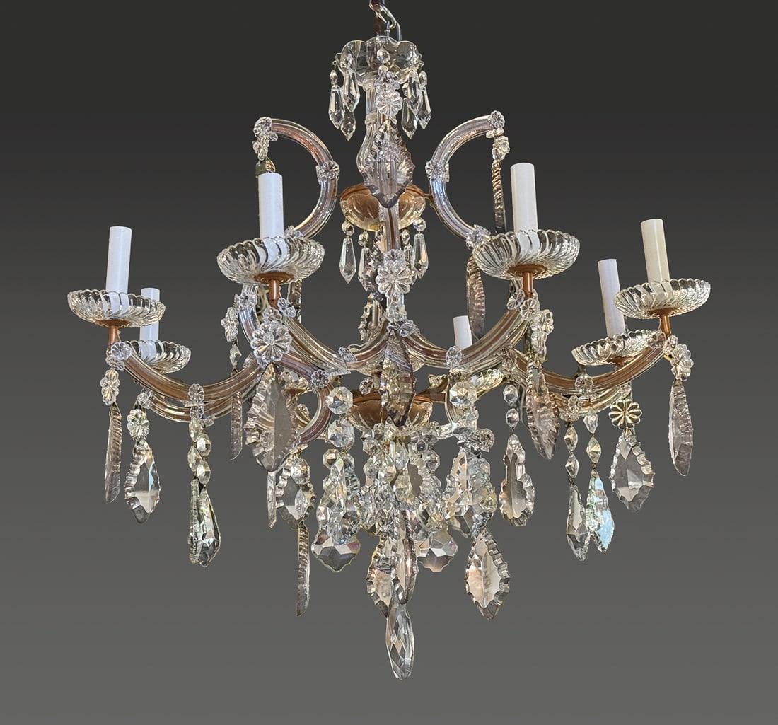 Baccarat Style Crystal Chandelier: Baccarat Style Crystal Chandelier, French, 20th Century, Eight Lights On Scroll Glass Arms With Lobed Candle Cups And Star And Rosette Buttons, Cartouche Drops Throughout, Height 29 Inches, Width 27 I