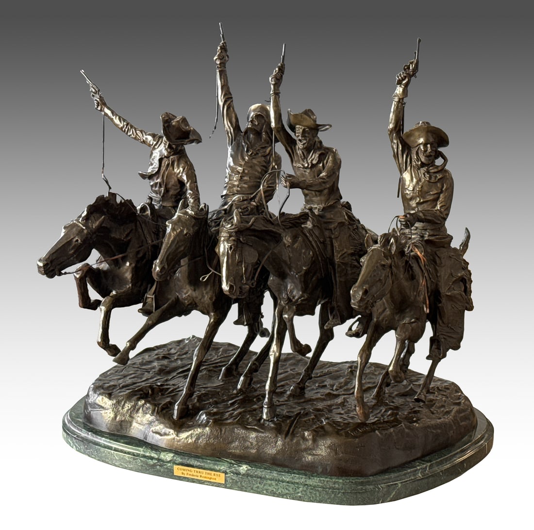 After Frederic Remington, Coming Through The Rye: After Frederic Remington, Coming Through The Rye, Signed Frederic Remington, Bronze On Verde Marble Base, Marked 23/100, Height 28 1/2, Width 30 Inches, Depth, 21 Inches, Presenting Well