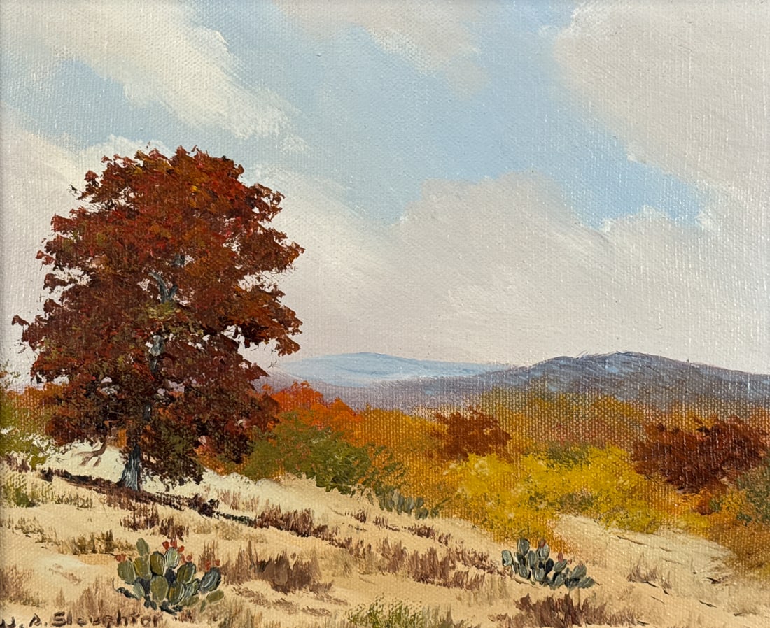 William A. Slaughter, American/Texas, 1923-2003: William A. Slaughter, American/Texas, 1923-2003, Texas Hill Country Fall Landscape, Signed W A Slaughter Lower Left, Oil On Canvas, Sight Height 7 1/2 Inches X 9 1/4 Inches Wide, Framed Height 12 1/2