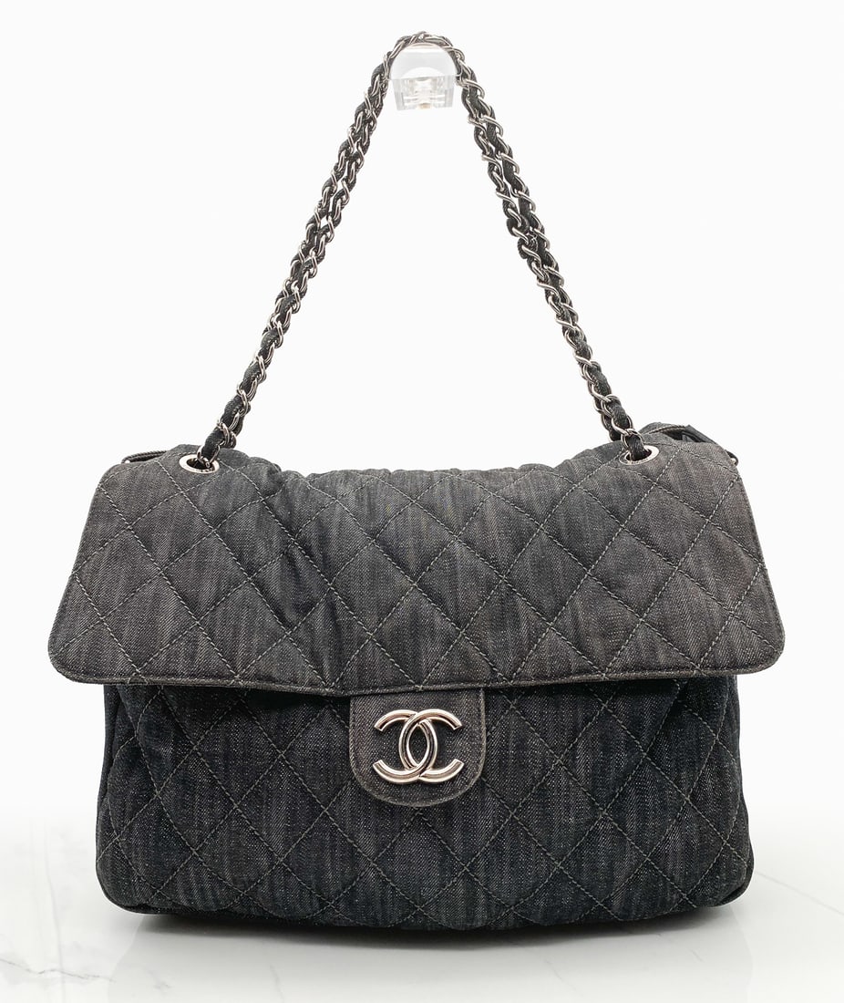 Chanel Stretch Spirit Denim Maxi Messenger Bag: Chanel Stretch Spirit Denim Maxi Messenger Bag, XL, Silver Tone Hardware, Date Code Sticker Indicates 2010 Production, Approximate Length 15.25 In, Width 4.25 In, Height 13 In, Adjustable Shoulder Str