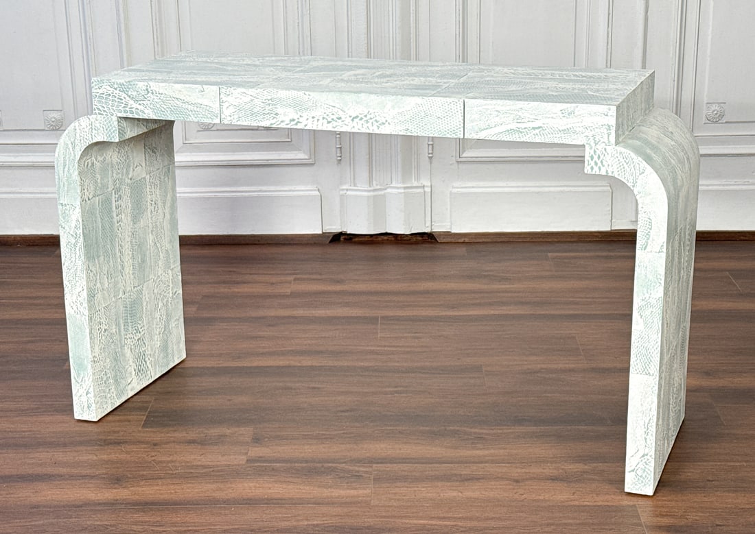 Large Eva Quateman Gramercy Console Table: Large Eva Quateman Gramercy Console Table, Large Size, Custom Light Blue Faux Python, Single Hidden Drawer, Height 36 1/2, Width 60.5, Depth 20 Inches, Review All Photos For Additional Condition