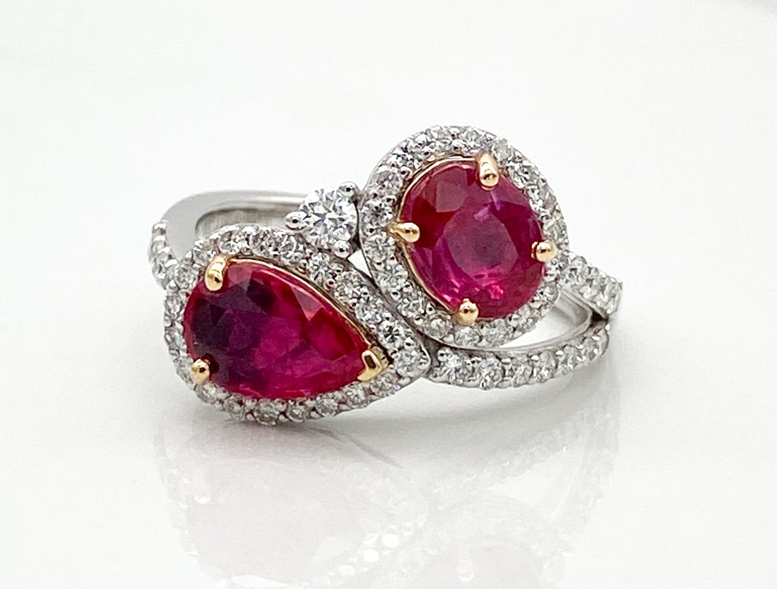 GIA Ruby & Natural Diamond Platinum Ring: GIA Ruby & Natural Diamond Platinum Ring, 2.06ctw Unheated Rubies Accented By 0.56ctw F-G, Vs1-Vs2 Natural Diamonds Set In Platinum With 18k Yellow Gold Prongs, Size 6.75, Total Weight 6.1 Grams.