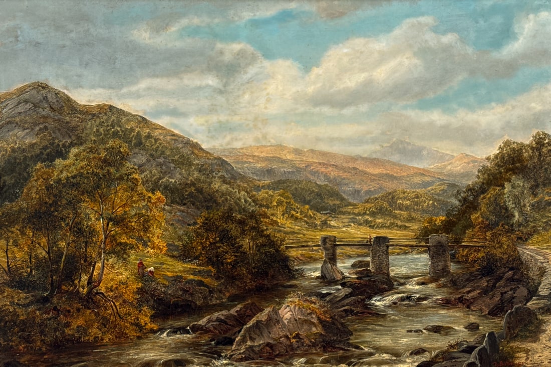 David Bates, United Kingdom, 1840-1921: David Bates, United Kingdom, 1840-1921, Oil On Canvas, Welsh Or Scottish Highlands River Scene With Figure On A Bridge Crossing And Two Figures At Left, 19th Century Giltwood Frame, Signed And Dated L