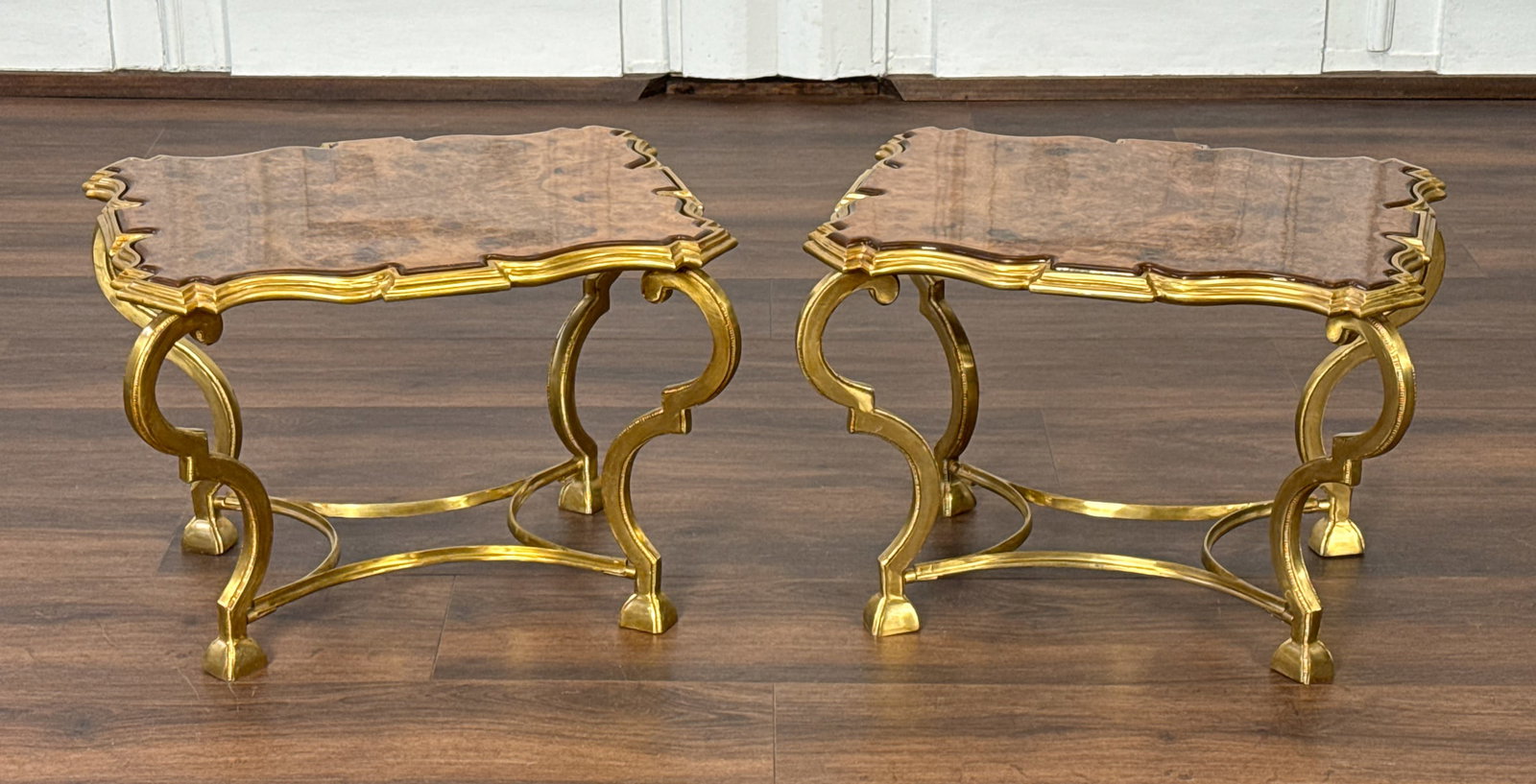 Pair Low Gilt Brass And Burl Tables: Pair Low Gilt Brass And Burl Cocktail Tables, Italian, Height 15 1/2, Width 21 1/2, Depth 17 3/4 Inches, Review All Photos For Additional Condition Information.