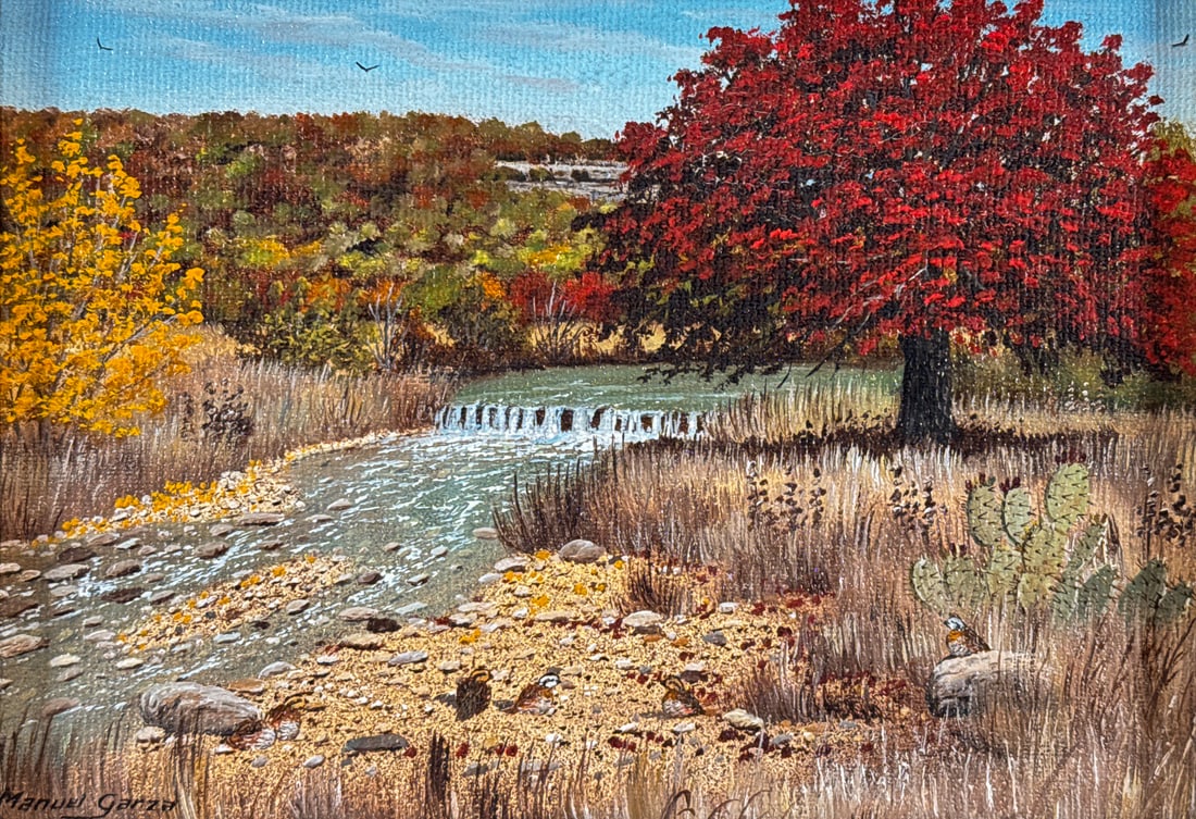 Manuel Garza, American/Texas Born 1940: Manuel Garza, American/Texas Born 1940, Fall Hill Country Landscape Of River Cascading Into Creek, Bobwhite Quail In The Foreground, Signed Lower Left And Verso, Oil On Canvas, Sight 4 1/4 Inches