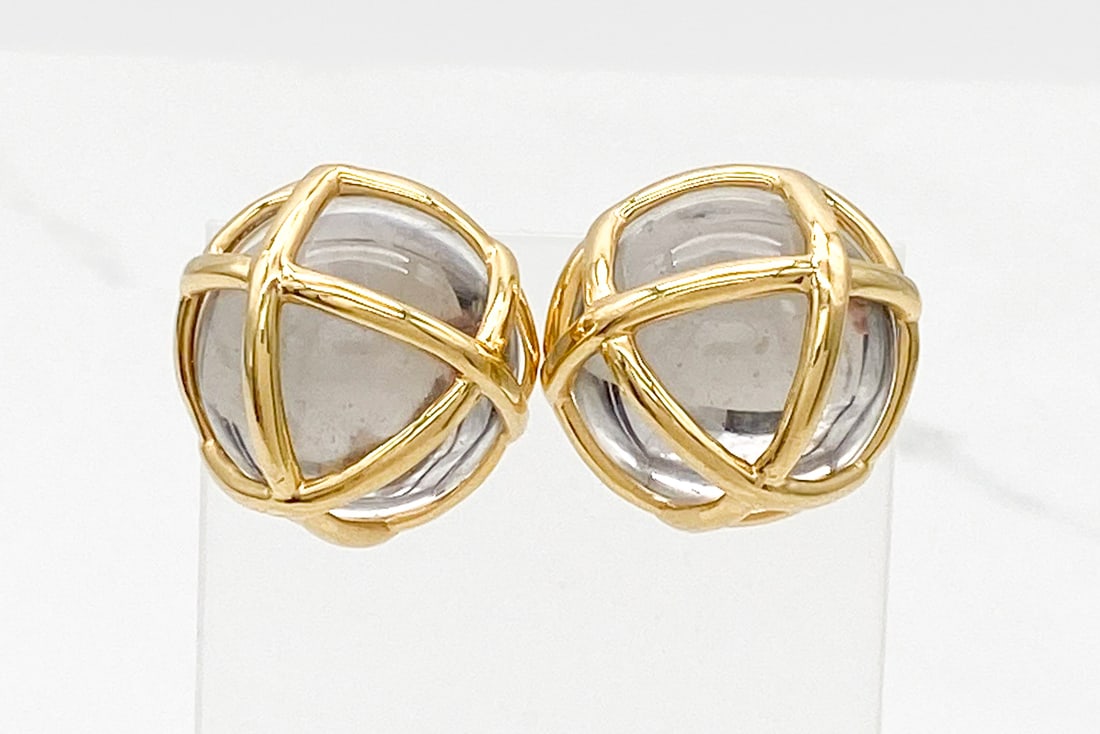 Verdura Style 18k Caged Rock Crystal Ear Clips: Verdura Style 18k Caged Rock Crystal Ear Clips, "VIP" Style, Marked 18k, Convertible - Collapsible Posts With Clips, 7/8 Inch Diameter, 27.7 Grams. Wire Transfer Or Zelle Required For All Jewelry And