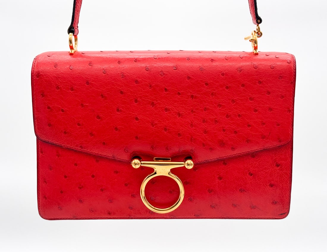 Hermes Sequana Red Ostrich Leather Shoulder Bag: Hermes Sequana Red Ostrich Leather Shoulder Bag, O In Circle Stamp, Gold Tone Hardware, 1980s, Height 6 Inches, Width 9.25 Inches, Depth 2 Inches, Adjustable Strap Drop 15-18 Inches, Overall Clean Int