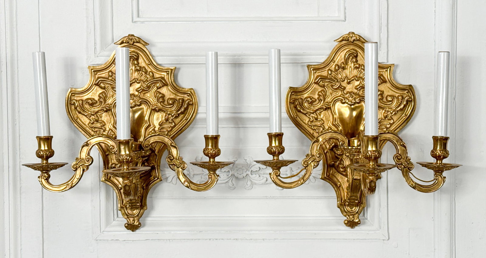 Pair Regence Style Gilt Bronze Sconces: Pair Regence Style Gilt Bronze Sconces, Each With Cartouche Shield Backplate, Three Lights On Scroll Arms, Height 15, Width 15, Depth 12 Inches, Structurally Sound And Presenting Well,