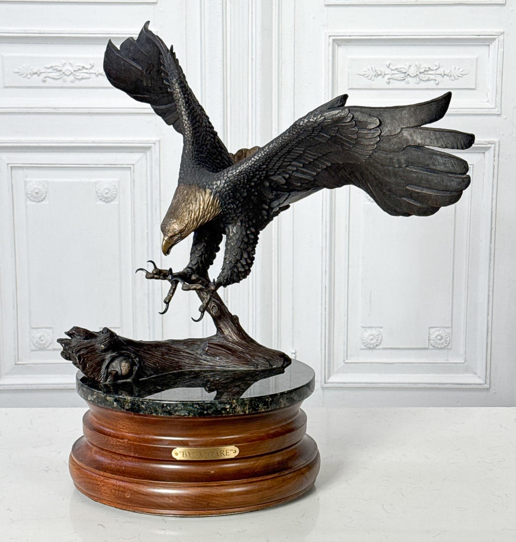 Robert Hogan, American/Texas, By A Hare Bronze: Robert Hogan, American/Texas, By A Hare, Rabbit Escaping Eagle Predator Bronze On Granite Base And Rotating Wood Plinth, Signed And Edition 2/3, 1996, Hoka Hey Foundry Mark, Measuring 25 Inches High,