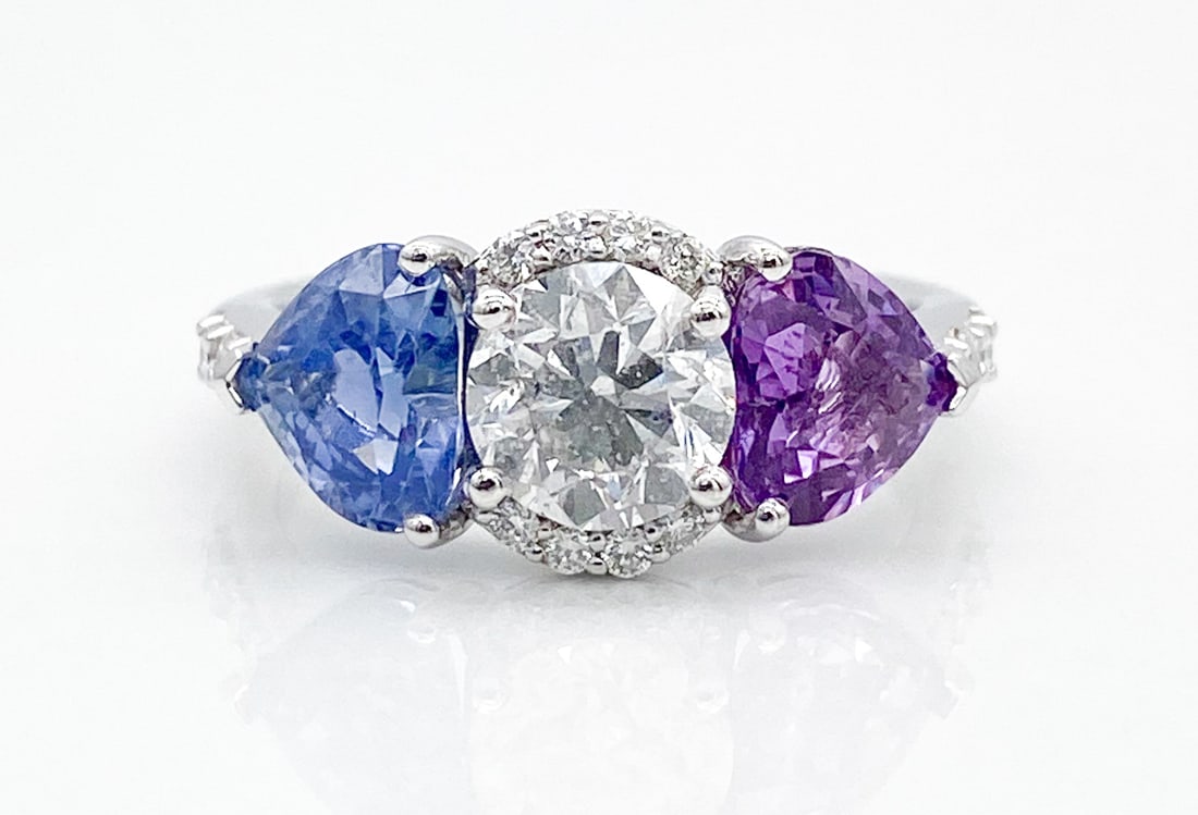 GIA Unheated Sapphire & Natural Diamond Ring Platinum: GIA Unheated Sapphire & Natural Diamond Ring, The Natural Diamonds Weighing 1.38ctw (Center 1.20), F-G Color, Vs1-I1 Clarity, Heart Shaped Blue And Pink/purple Side Stones Totaling 2.67cts, Platinum