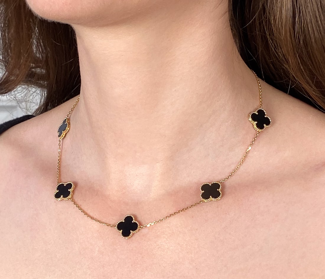 Alhambra Style Black Onyx And 14k Necklace: Alhambra Style Black Onyx And 14k Necklace, 5 Motif In The VCA Style, Adjustable Length 16-18 Inches, Weight 9.0 Grams. Wire Transfer Or Zelle Required For All Jewelry And Silver Purchases.
