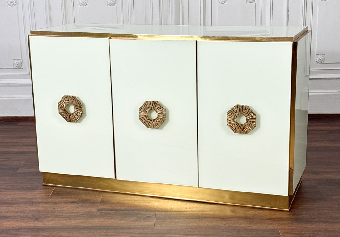 Midcentury Style Glass And Brass Credenza: MCM Style Glass And Brass Credenza, Probably Italian, In The Midcentury Taste, Brass Banded Trim, Hardware And Base, Height 36, Width 59, Depth 21 Inches, No Chips Or Cracks To Glass Observed, Review
