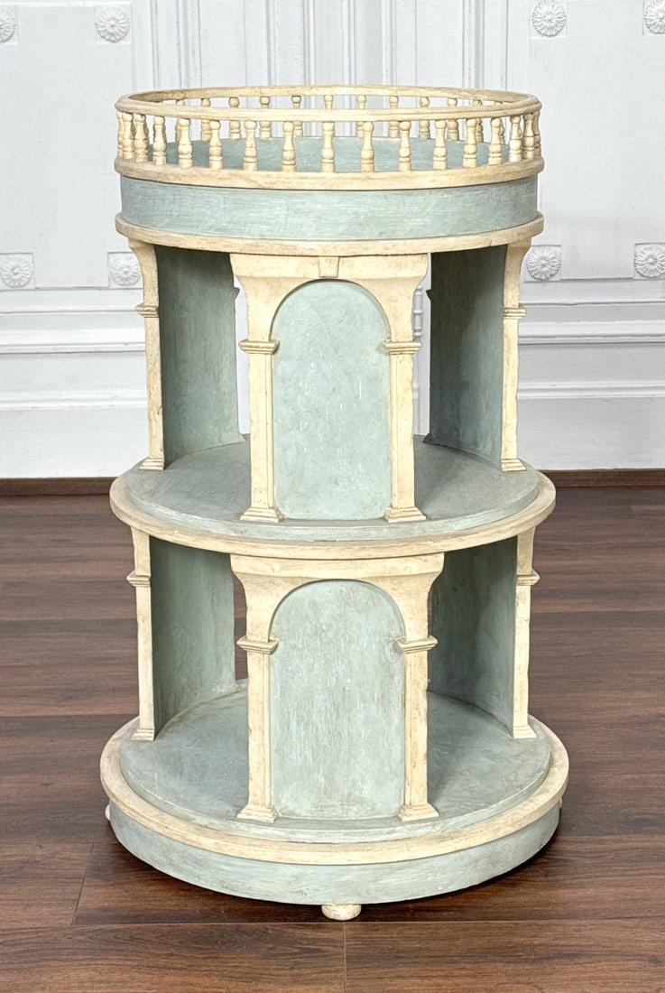 Neoclassical Style Painted Library Stand: Neoclassical Style Painted Library Stand, Possibly Italian, White And Blue Paint, Circular Form With Galleried Top, Two Tiers With Blind Arches, Height 36 Diameter 24 Inches, Structurally Sound,