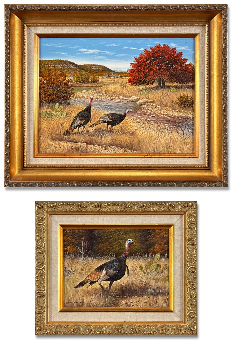 Manuel Garza, American/Texas Born 1940: Manuel Garza, American/Texas Born 1940, Texas Turkeys, Two Works: The First, A Single Turkey In High Grass, Signature Cardinal Perched At Left, Oil On Canvas, Sight 5 3/4 High, 7 3/4 Wide, Framed